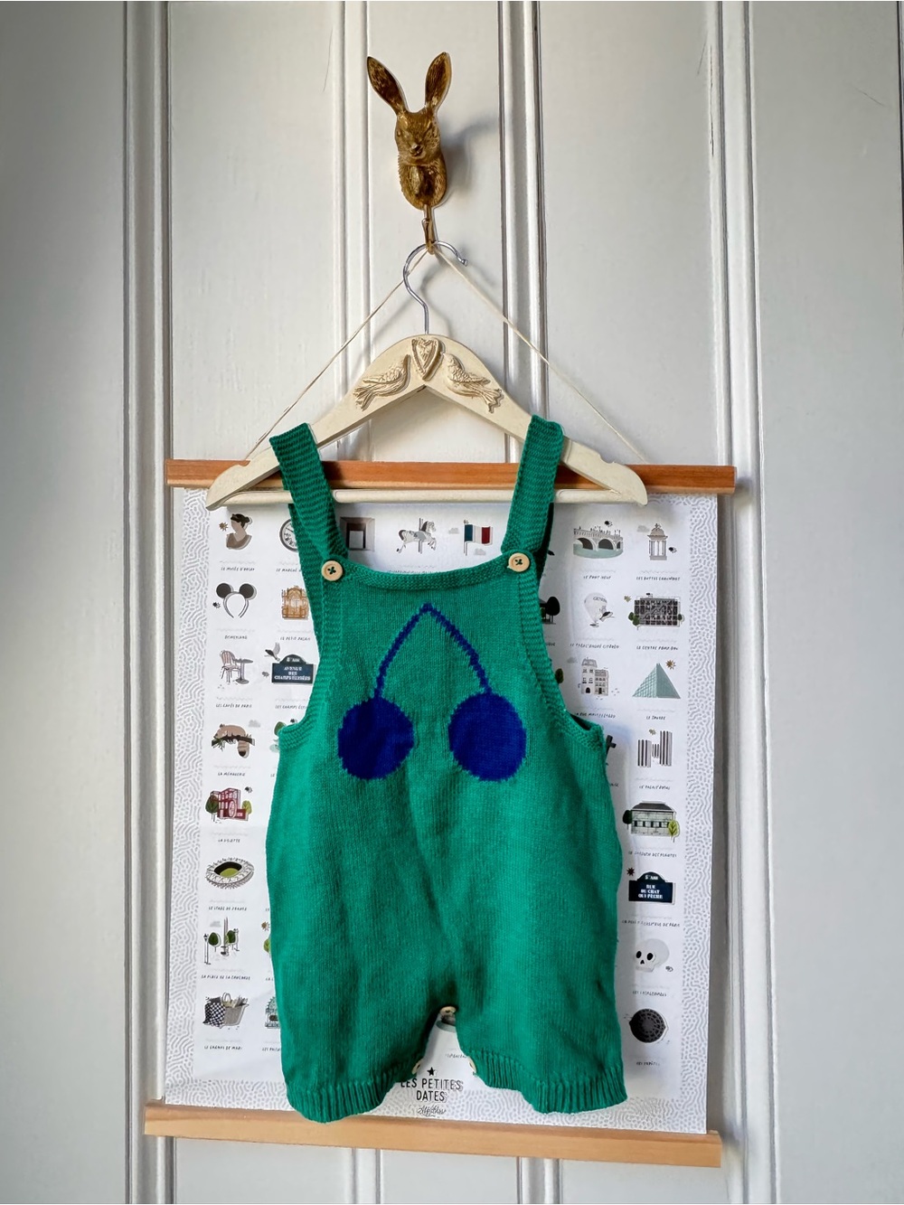 Bobo Choses Green Knit Overalls with Blue Cherry Motif